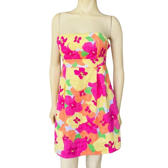 Lilly Pulitzer Betsy Floral Punch Woven Dots Strapless Dress Size 0 - Picture 1 of 9